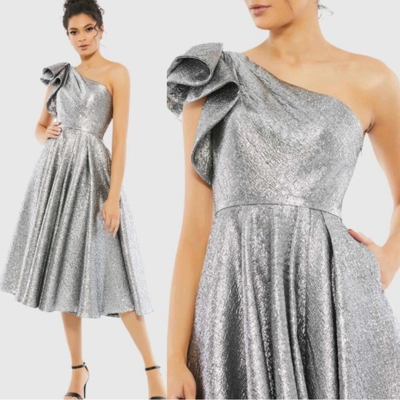 Mac Duggal 67906 Sequin Asymmetrical Ruffle Tiered Gown Women 10 Silver Dress - Picture 11 of 11